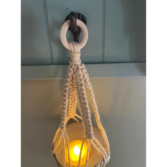 Handmade Hanging Macrame Plant Hanger with Wood Plank Tea Light Holder - Picture 3 of 7